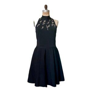 Givenchy Paris Black Cocktail Dress Crystal Rhinestone Floral Embellishm…